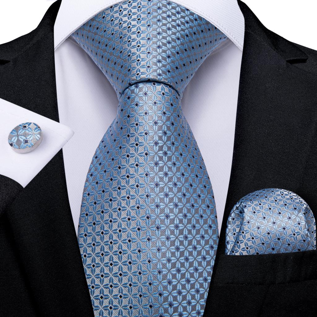 Corbatas de seda de lunares a cuadros azules de lujo para hombre, accesorios de boda sólidos, corbata para el cuello, pañuelo, conjunto de gemelos, Gravatas, regalo para hombre DiBanGu