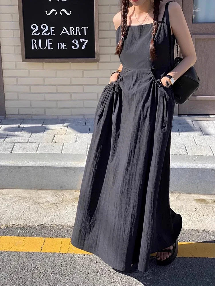 Koreańska moda damska Duża kieszeń Camisole Długie sukienki Letnie nowe z wysokim stanem Slim Fit Plisowana sznurowana sukienka damska Camisole