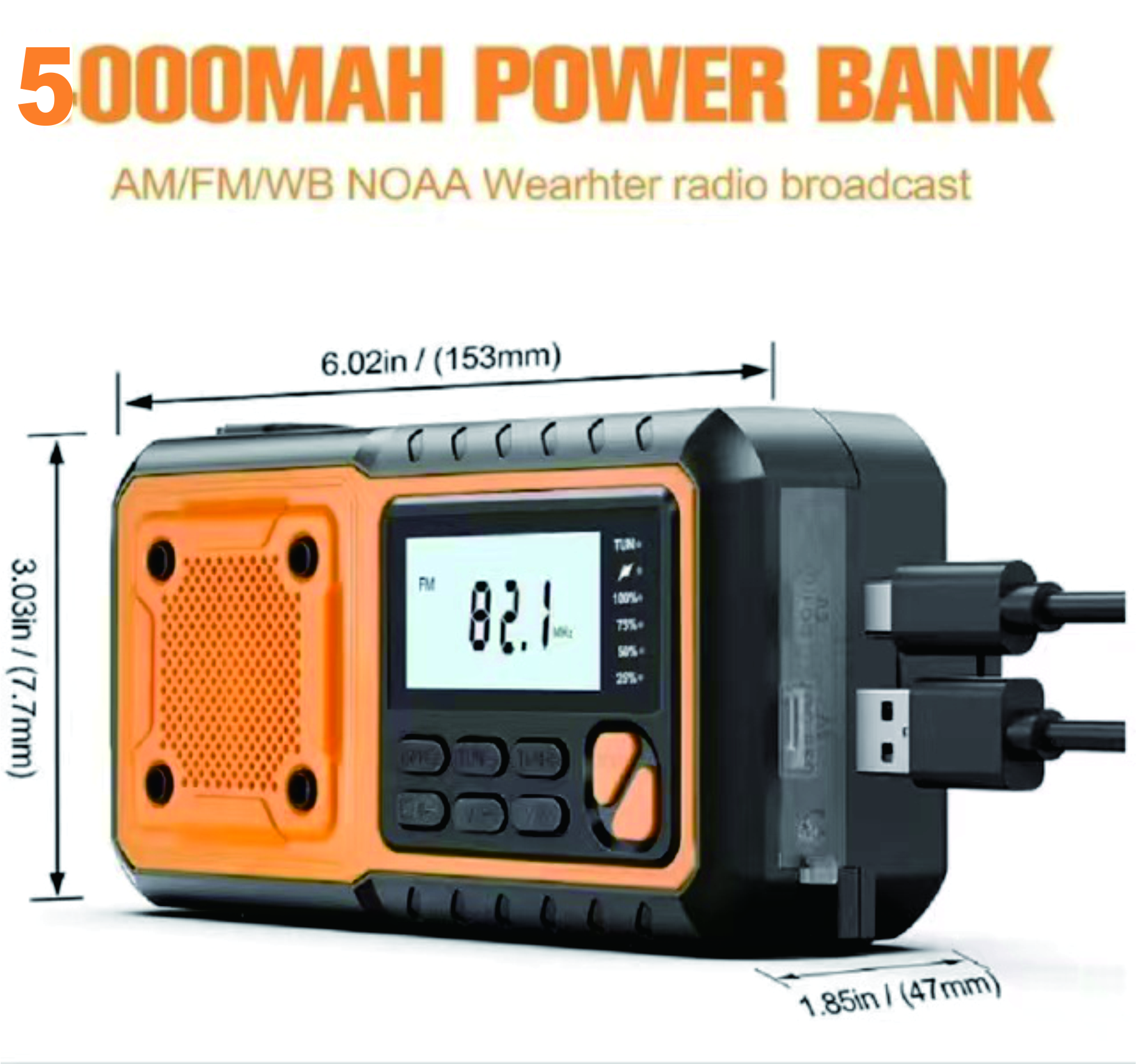 Radio à manivelle d'urgence 5000mAh/18500mWh, Radio d'alerte météo AM FM NOAA, affichage numérique, manivelle alimentée à 4 voies, Radio solaire