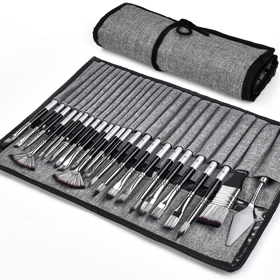 Juego de 24 Pinceles de Arte Mixtos con Espátula y Bolsa de Pintura para Acrílico, Acuarela, Óleo y Bellas Artes