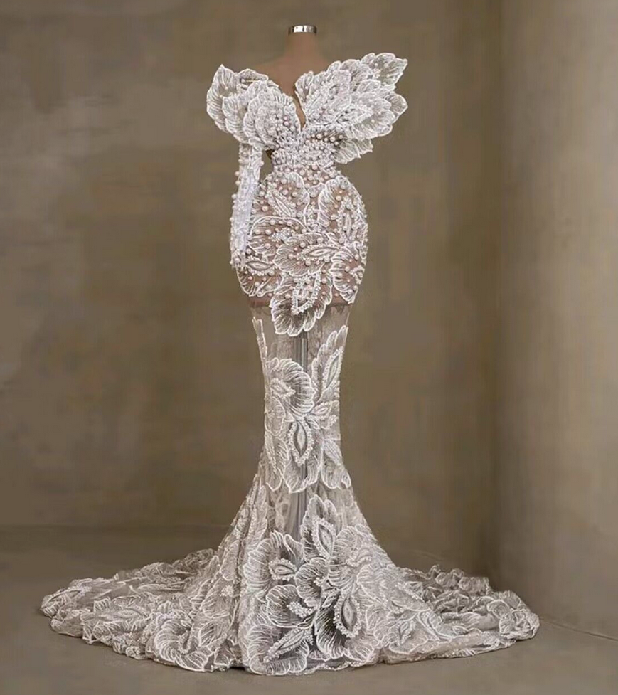 High-end custom-made dress, European and American style, sweet and elegant, three-dimensional pearl white light wedding dress, b