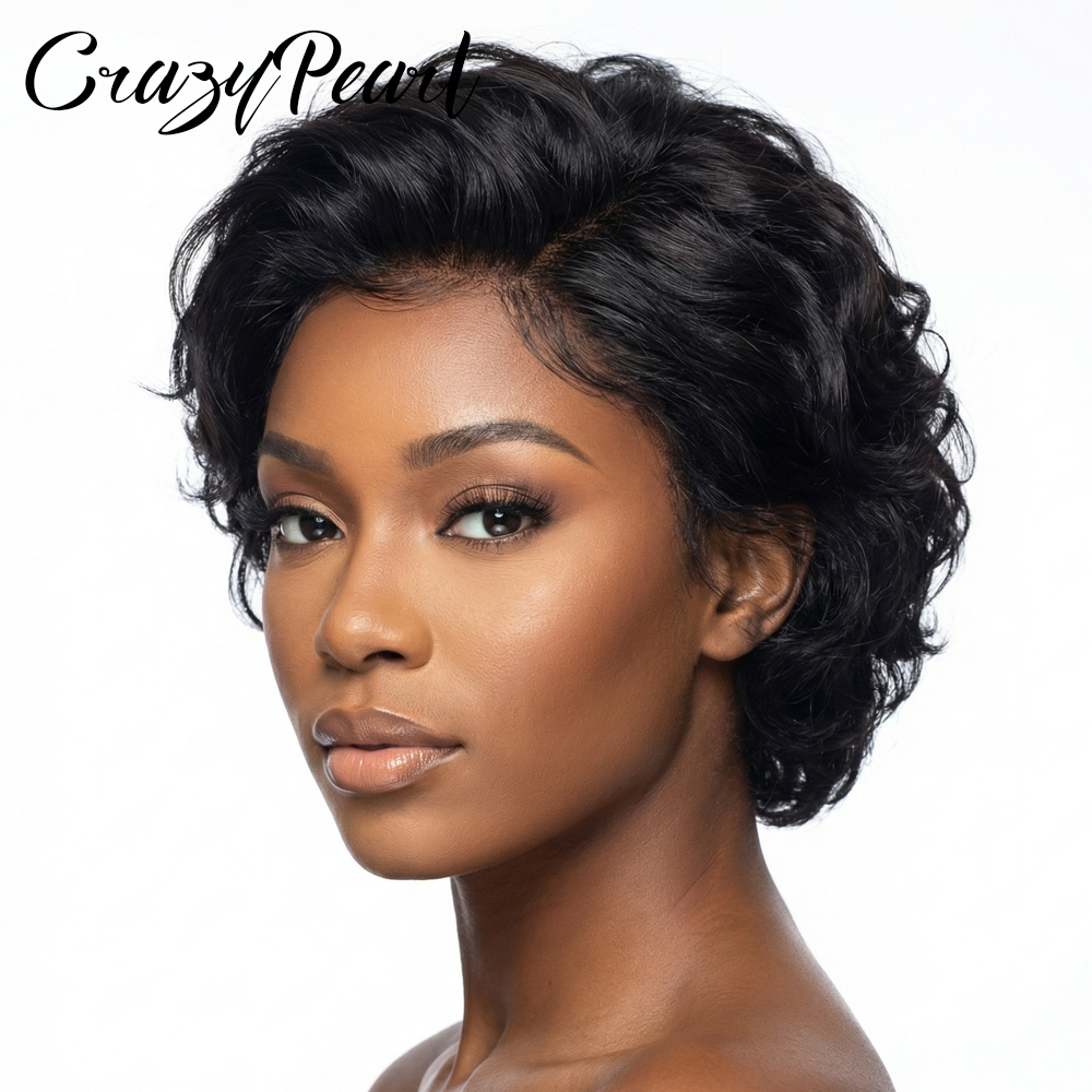 Peluca frontal de encaje CrazyPearl 13X4, corte pixie, cabello humano corto y rizado, cabello brasileño Remy negro, línea de cabello natural para mujeres negras
