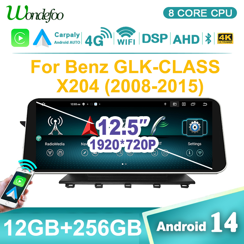 Pantalla de radio para coche con Carplay inalámbrico Android 14 de 1920*720P y 12.5'' para Mercedes Benz Clase GLK X204 2008-2015, reproductor multimedia autoradio con WIFI, 4G LTE y BT.