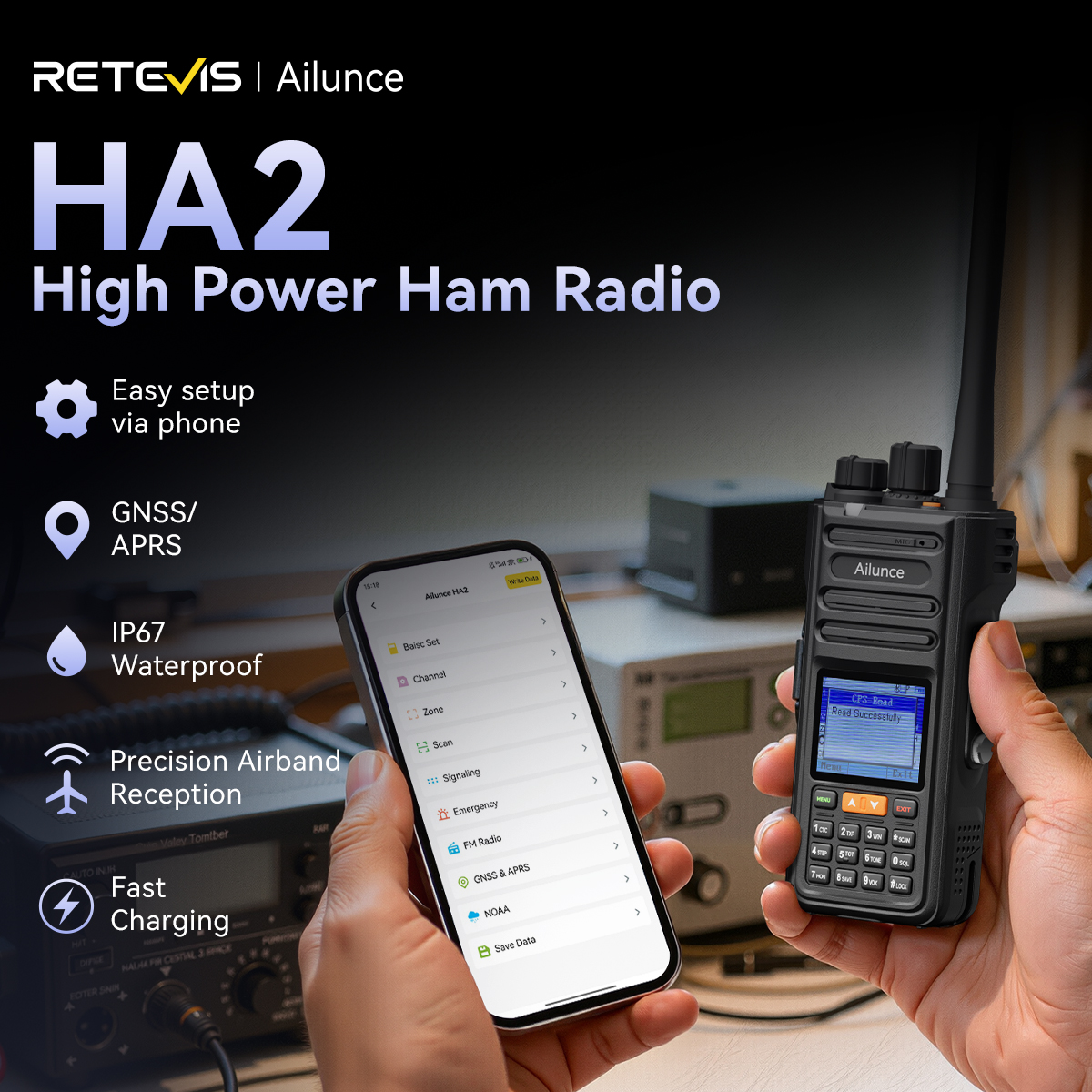 Retevis HA2 Walkie Talkie, Doble Banda FPP con GPS y APRS, Impermeable IP67, Programación por App Bluetooth Compatible con iOS y Android, Radio Aficionado para Uso Exterior y Comercial