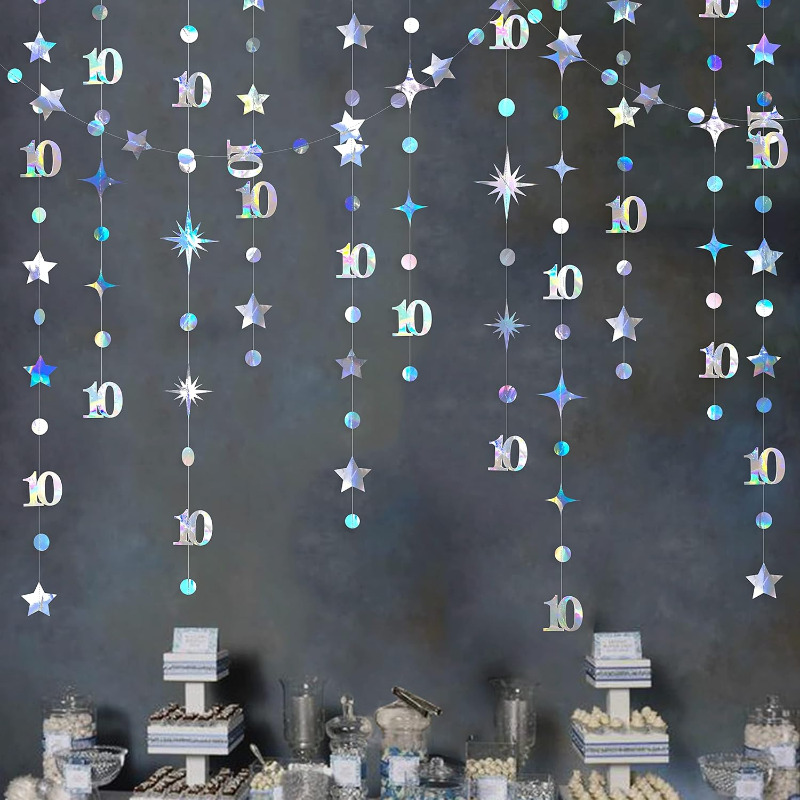 Opalizujący baner urodzinowy 10 Dekoracje Numer 10 Koło Dot Twinkle Star Girlandy Wiszące tło na przyjęcie urodzinowe 10.