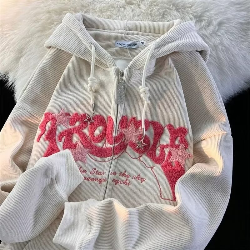 Moda bordado zip up hoodies feminino outono manga longa topos solto capuz camisa harajuku y2k roupas femininas moletom jaqueta