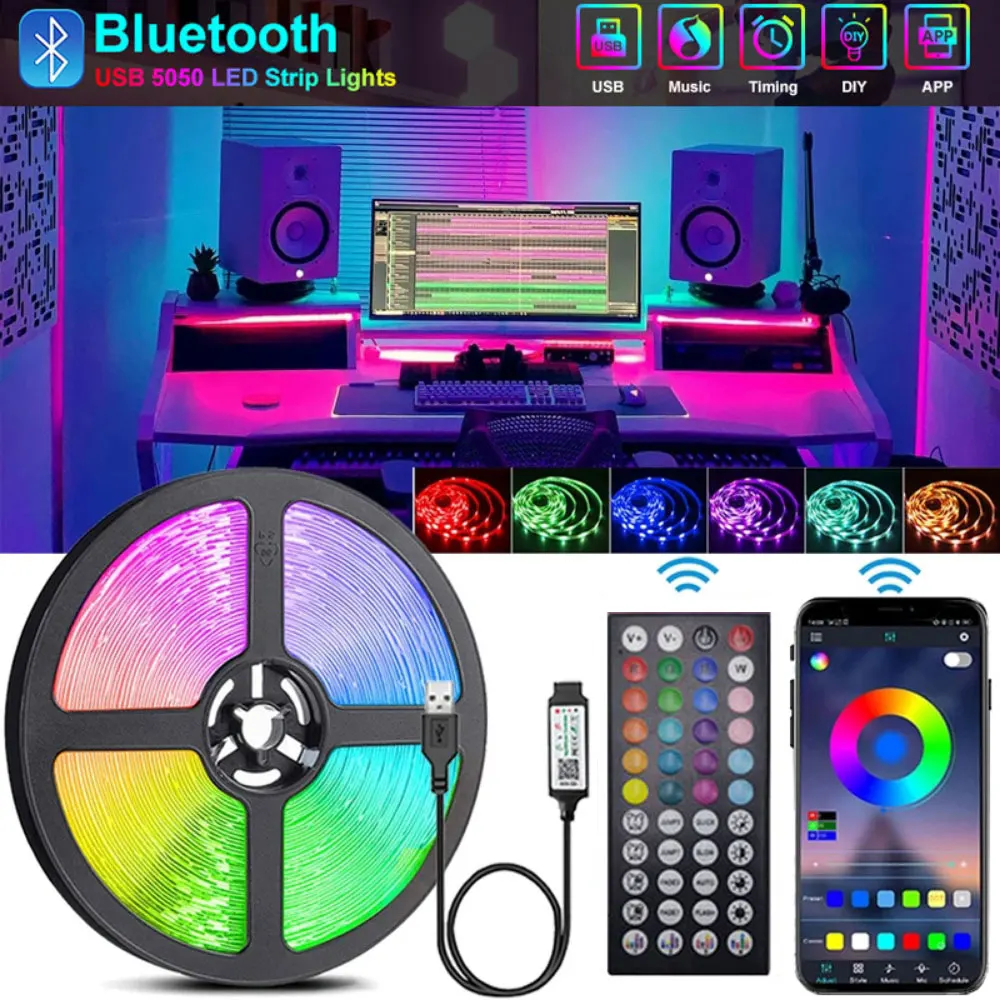 Tiras de luz Led Rgb, 5V, USB, Bluetooth, Wifi, 5, 10 metros, cinta adhesiva Led, decoración de pared para habitación, cadena de hielo, banda de iluminación navideña