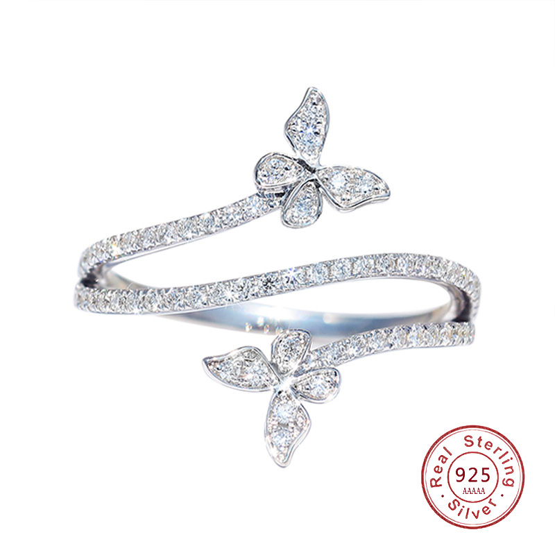Bague Double papillon pour femmes, en argent Sterling 925, Zircon clair, diamant, bague de fiançailles, de mariage, cadeau, bijoux, vente en gros