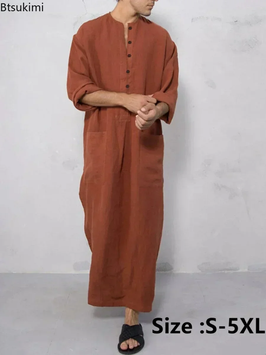 Nuevo 2025 Vintage hombres islámico árabe Jubba Thobe manga larga bolsillos sólidos batas hombres Arabia Saudita Abaya vestido musulmán Kaftan masculino