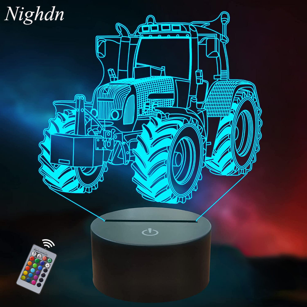 Nacht-3D-Illusionslampe, Traktor-Nachtlicht mit Fernbedienung, 16-farbwechselnde Nachttischlampe für Kinder, Traktor, Geschenke für Jungen