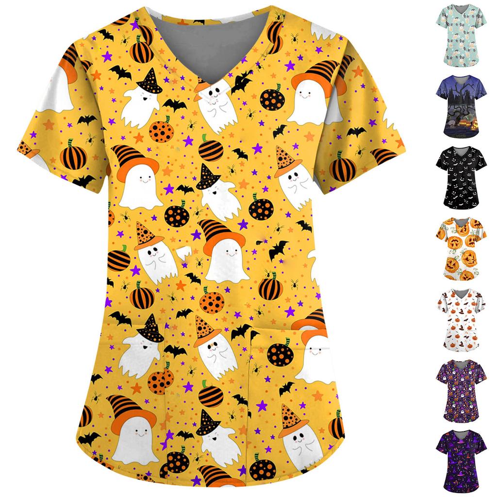 Unisex Halloween V-Neck curto mangas camisas de enfermagem, uniformes médicos, verão Tee, Hotel, Hospital, médico operacional, esfrega t-shirt