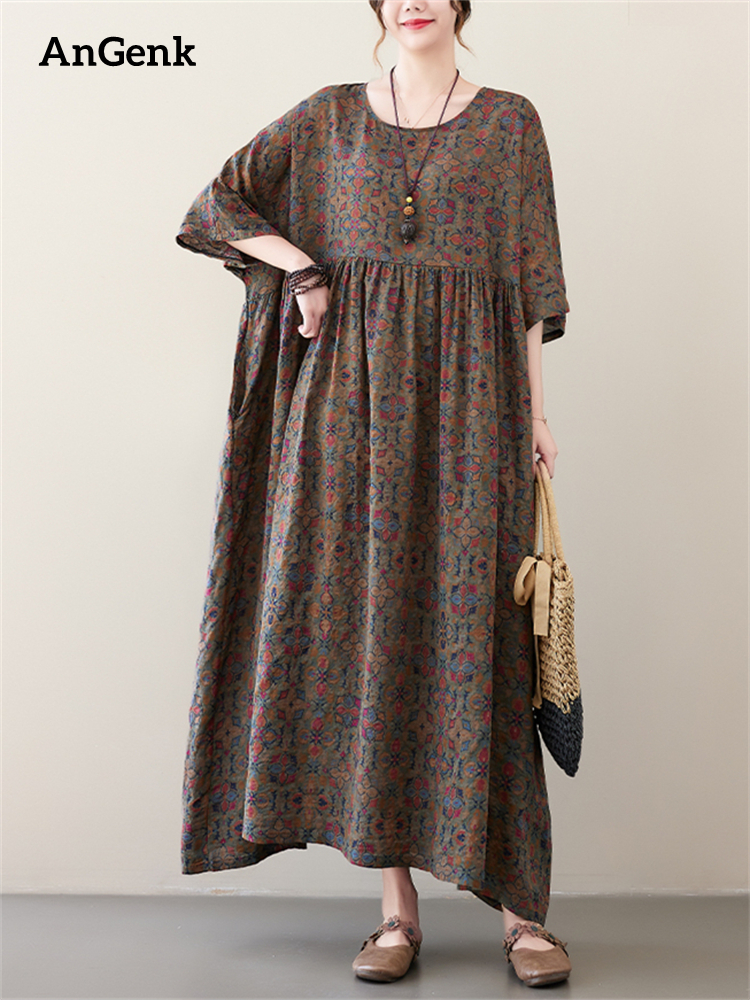 Short Sleeve Cotton Vintage Print Floral Dresses For Women 2026 Spring Summer Loose Casual Long Dress Robe Femme Elegant Clothes