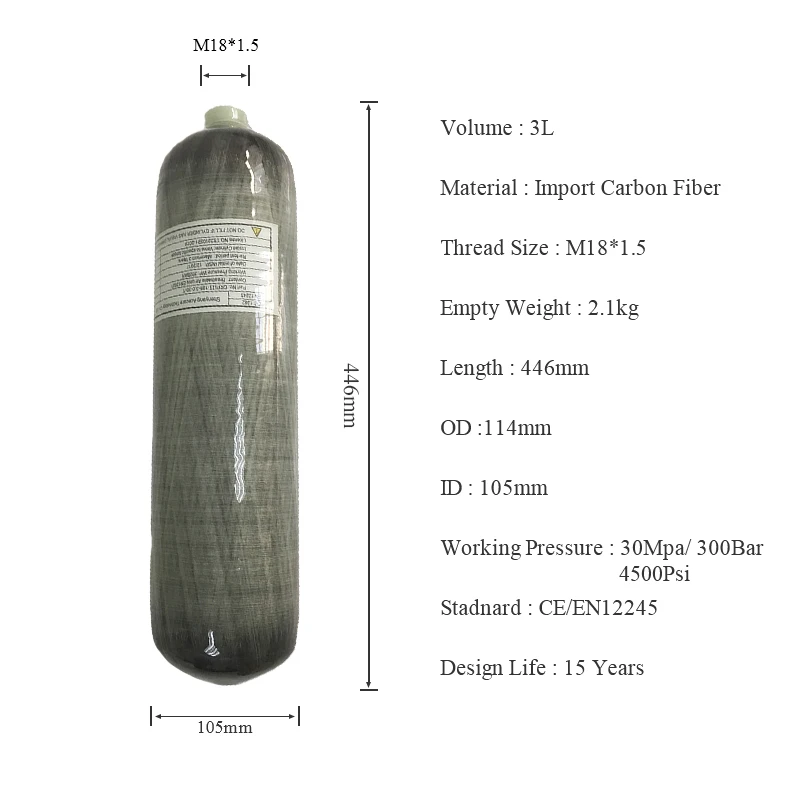 Acecare 4500psi 300bar 3l cilindro de fibra carbono tanque ar alta pressão hpa cilindro mergulho tanque rosca m18 * 1.5