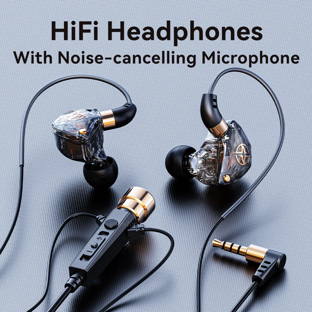 HiFi-Kopfhörer mit Kabel und Mikrofon, dynamische Geräuschunterdrückung, In-Ear-Ohrhörer, Bass-Headset für Sport, Fitness, Musik