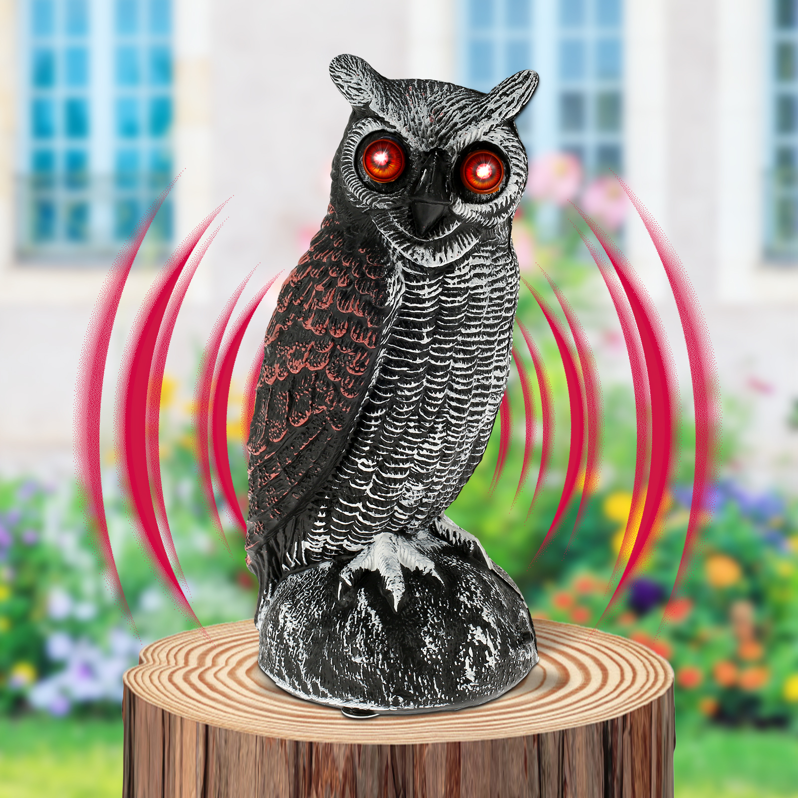 Nuevos dispositivos solares de Control de aves para asustar a un búho, decoración disuasoria de búho falso impermeable para jardín con sonido y ojos aterradores, luz emisora