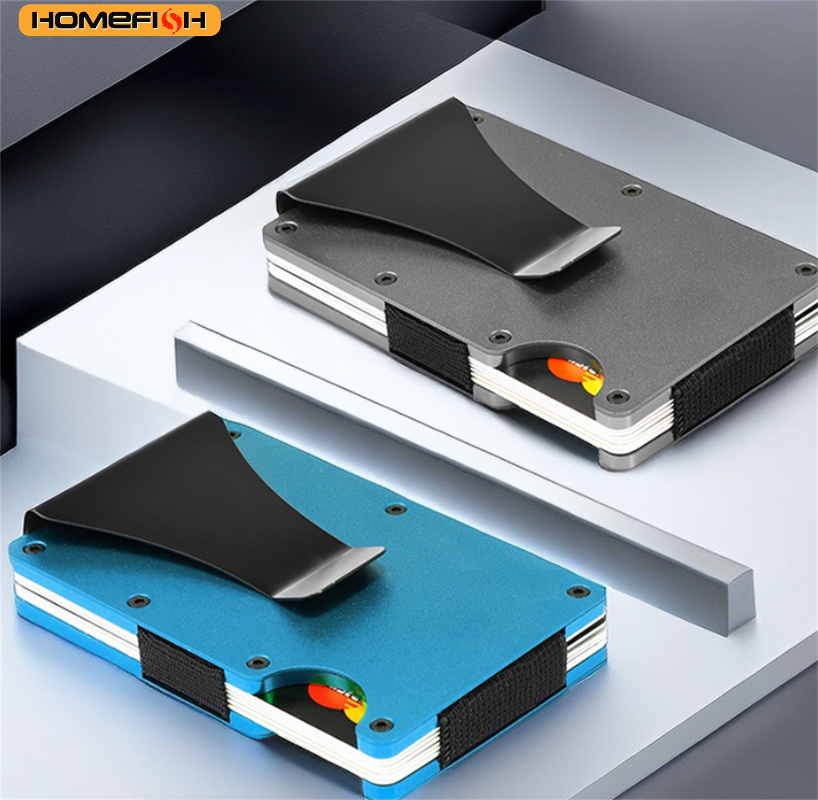 Cartera HOMEFISH para hombre, minimalista, delgada, con bloqueo RFID, tarjetero y clip para billetes, resistente a arañazos, de aluminio.