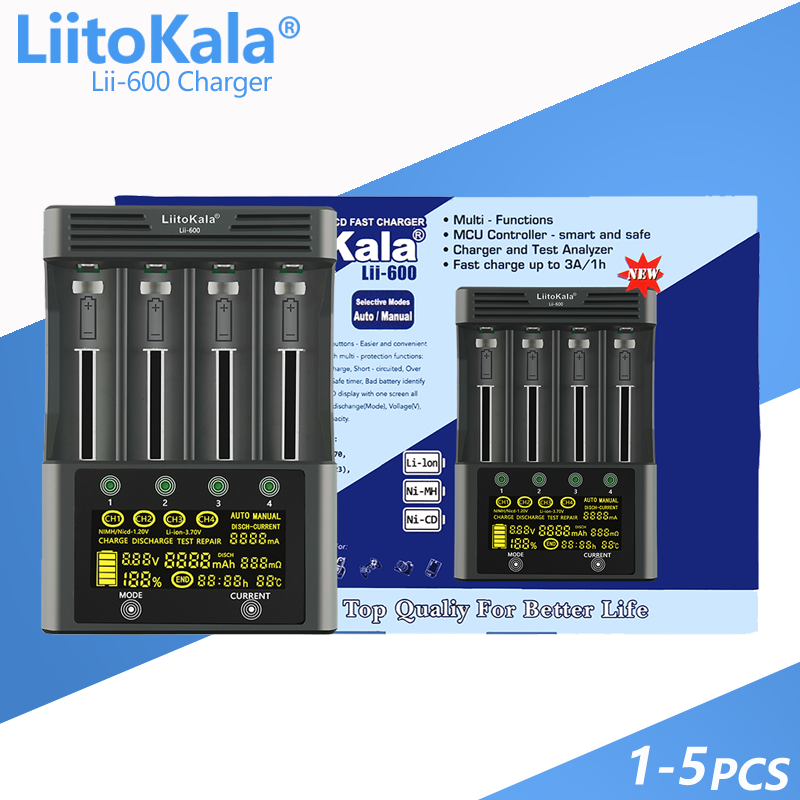 1-5 sztuk LiitoKala Lii-600 ładowarka do akumulatorów litowo-jonowych 3.7V i NiMH 1.2V nadaje się do 18650 26650 21700 26700 AA AAA 12V5A