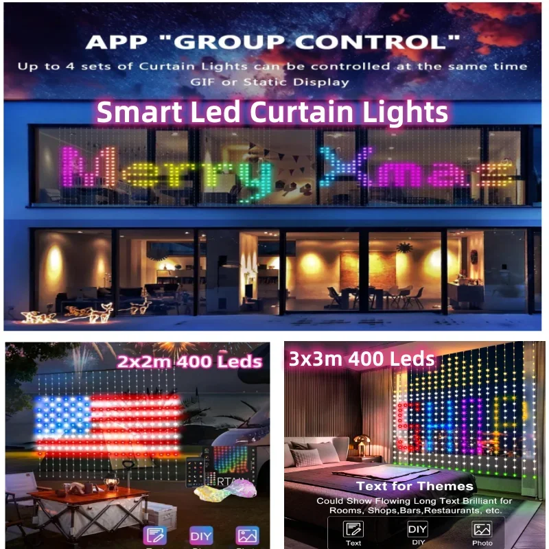 LEDカーテンライト,3x3m, 400LED,Bluetoothアプリケーション制御,RGBフェアリーライト,音楽同期,休日のディスプレイ,窓,寝室,DIY