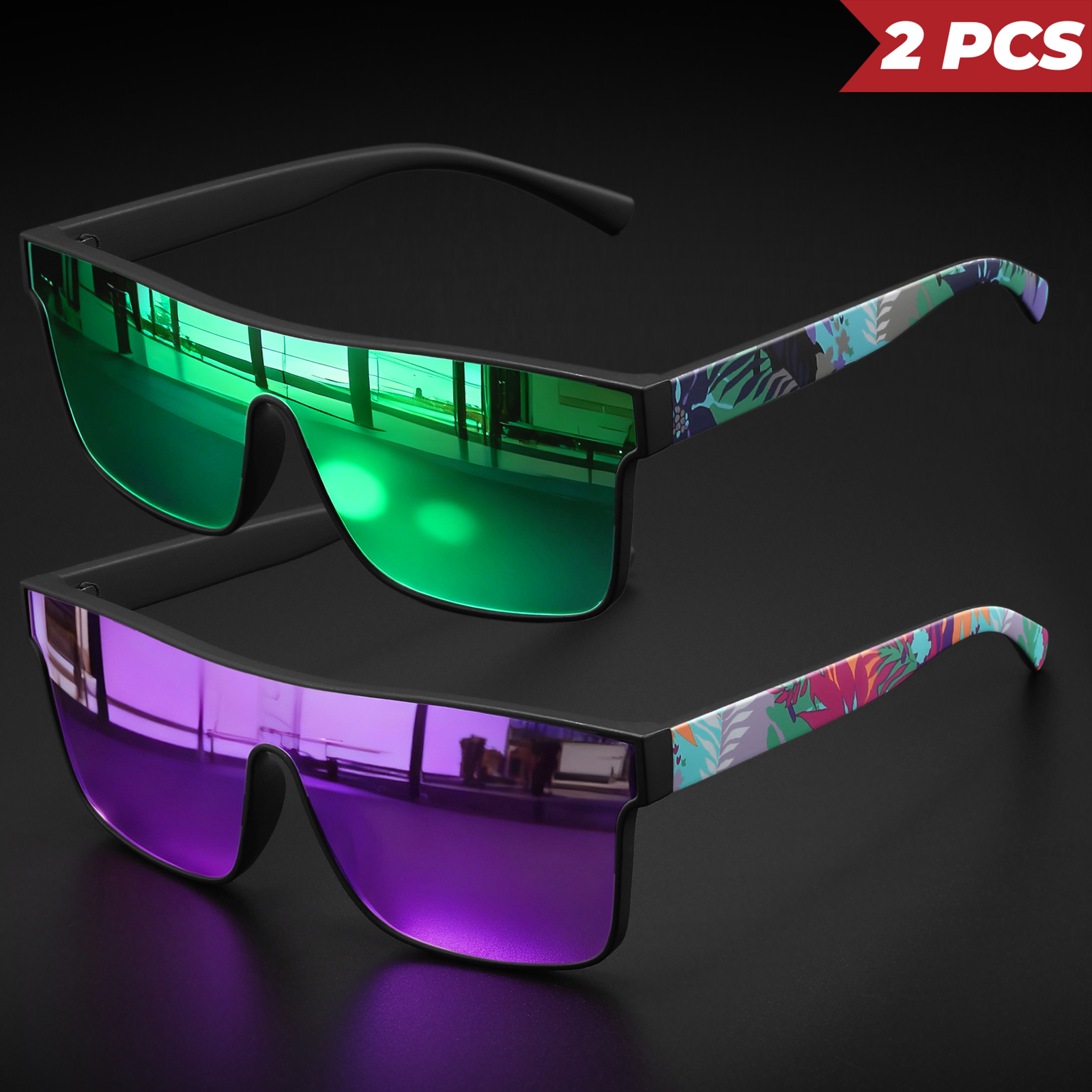 Óculos de sol quadrados clássicos da moda 2 peças – templos estampados, UV400 unissex para ciclismo, corrida e viagens