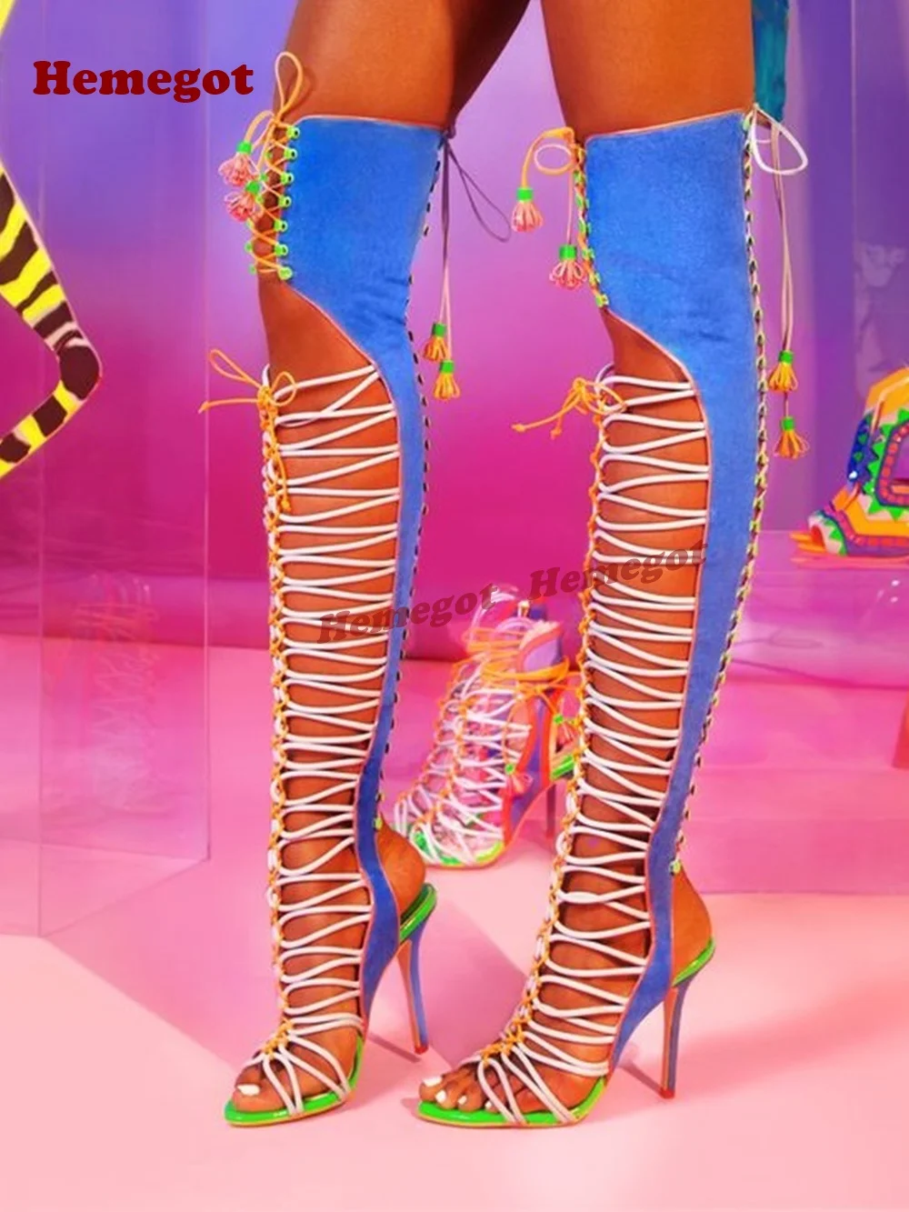 Sandales à lacets colorées à bout ouvert, talons aiguilles croisés, sandales pour femmes, nouvelle collection 2025, chaussures multicolores
