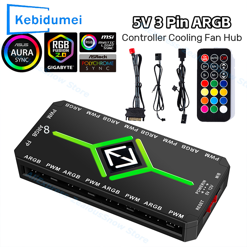  Hub Kipas Pendingin 3 in 1 5V 3 Pin ARGB Controller, Hub PWM 4 Pin dengan Daya Hisap Magnetik, Hub Kipas PWM 1 ke 9 Port untuk Kipas Casing Komputer PC