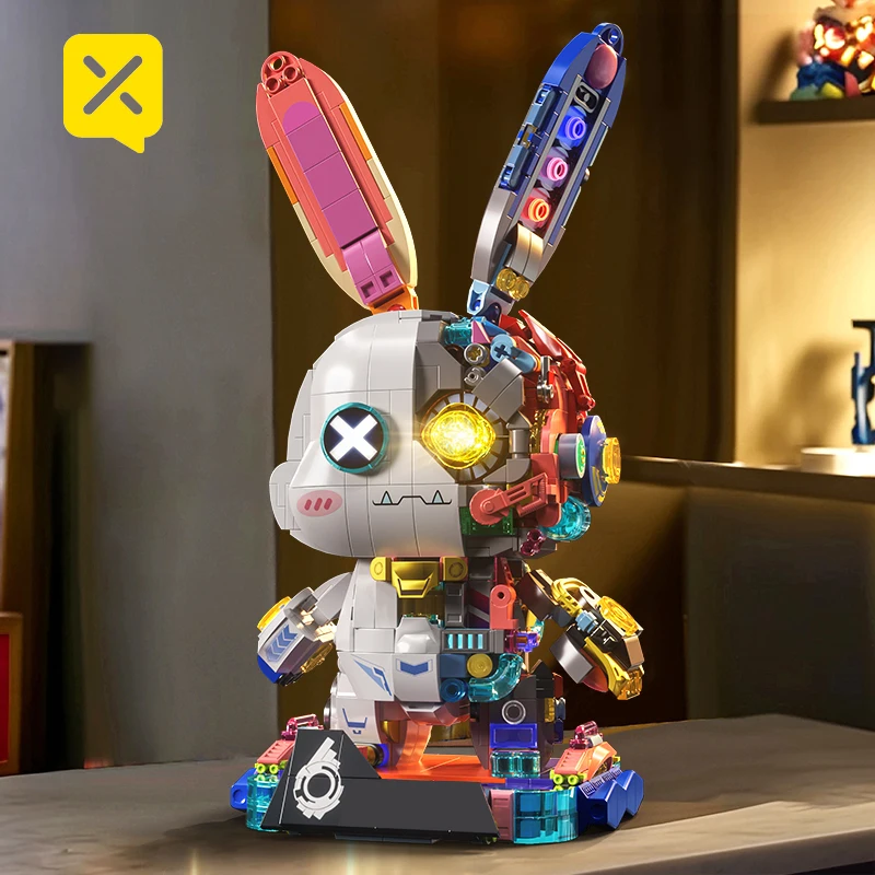 1377PCS Blok Bangunan Robot Kelinci LED Menyala Model Kreatif DIY Mainan Hewan Hadiah Anak-Anak Dewasa Dekorasi Meja Rumah Balok Kelinci