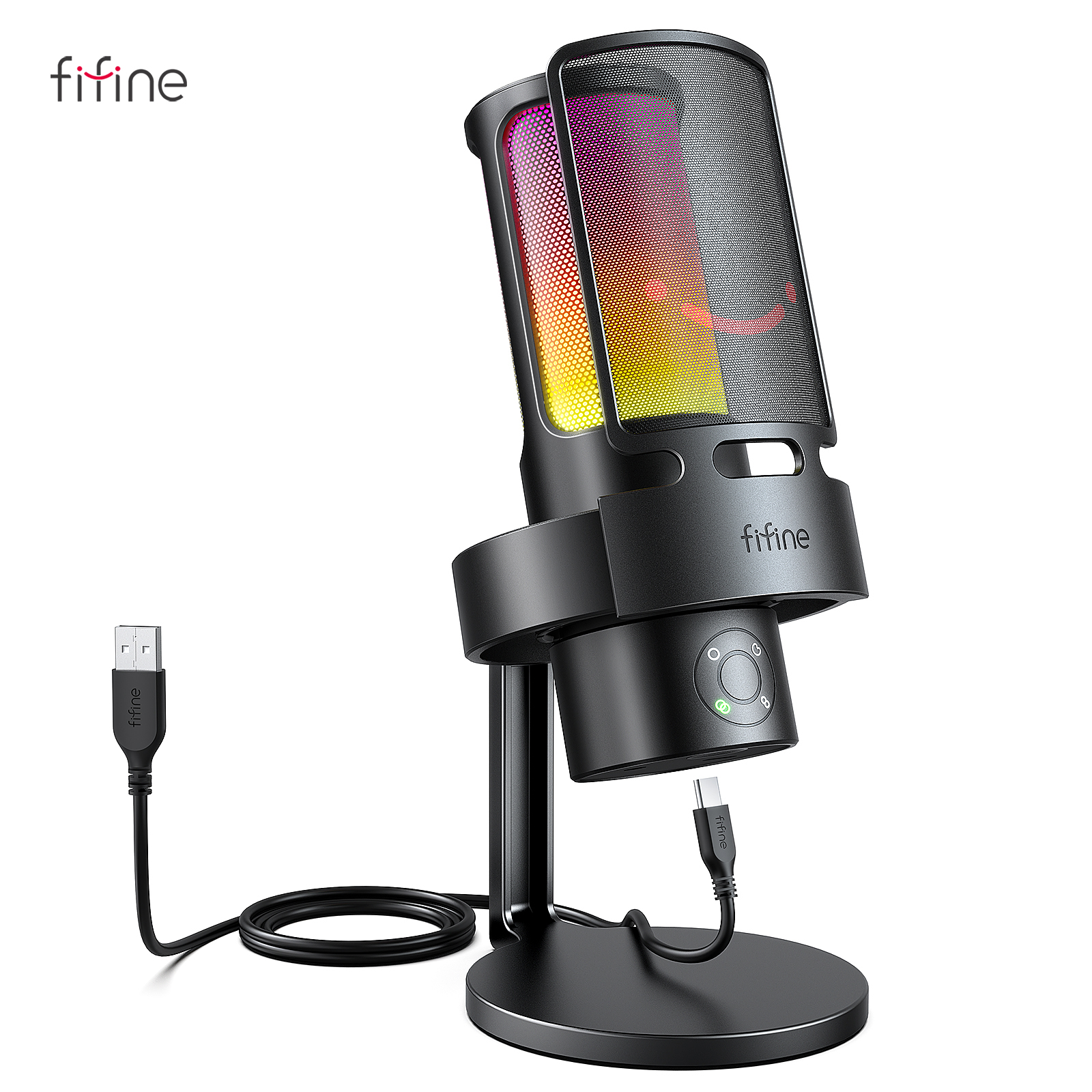 Microfono USB FIFINE Ampligame A8 PLUS con RGB Controllabile, 3 Capsule, 4 Modelli Polari, Controlli di Guadagno, Jack per Microfono Live e Pulsante Mute Touch