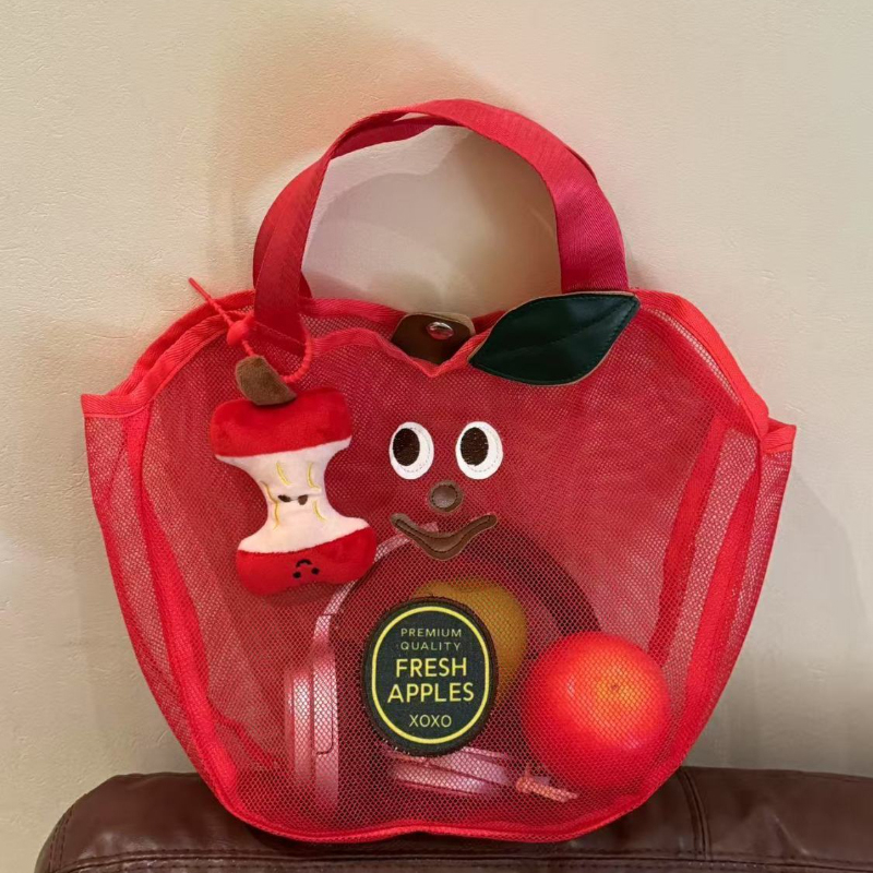 Sac à main en maille motif pomme mignon, sac à bandoulière léger et portable en forme de fruit, sac de rangement de voyage pour articles de toilette, sac de plage tendance