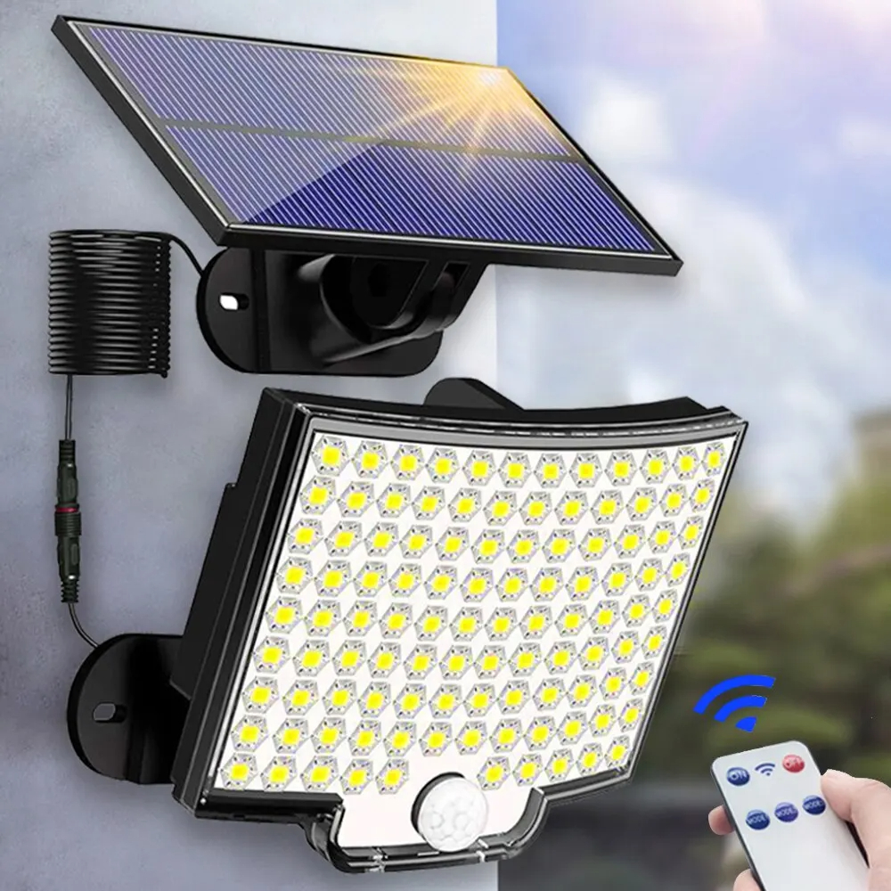 Luces solares divididas de 3 modos para exteriores, impermeables con Sensor de movimiento, reflector, Control remoto para Patio, garaje, lámparas de pared para Patio trasero