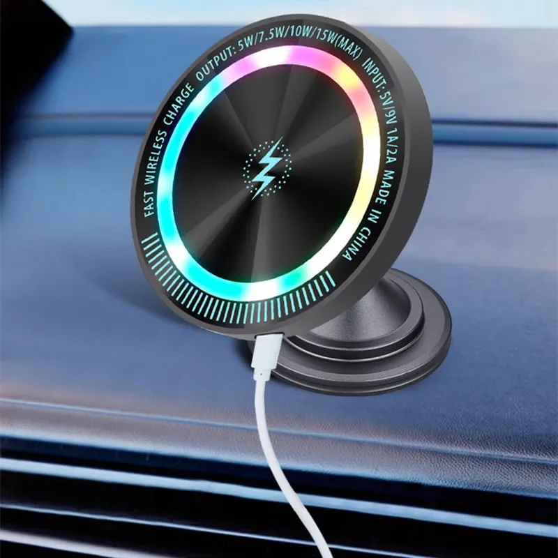Soporte de carga rápida magnético de 15W con luz RGB, base de soporte de teléfono ajustable para escritorio, cargador inalámbrico Universal para iPhone