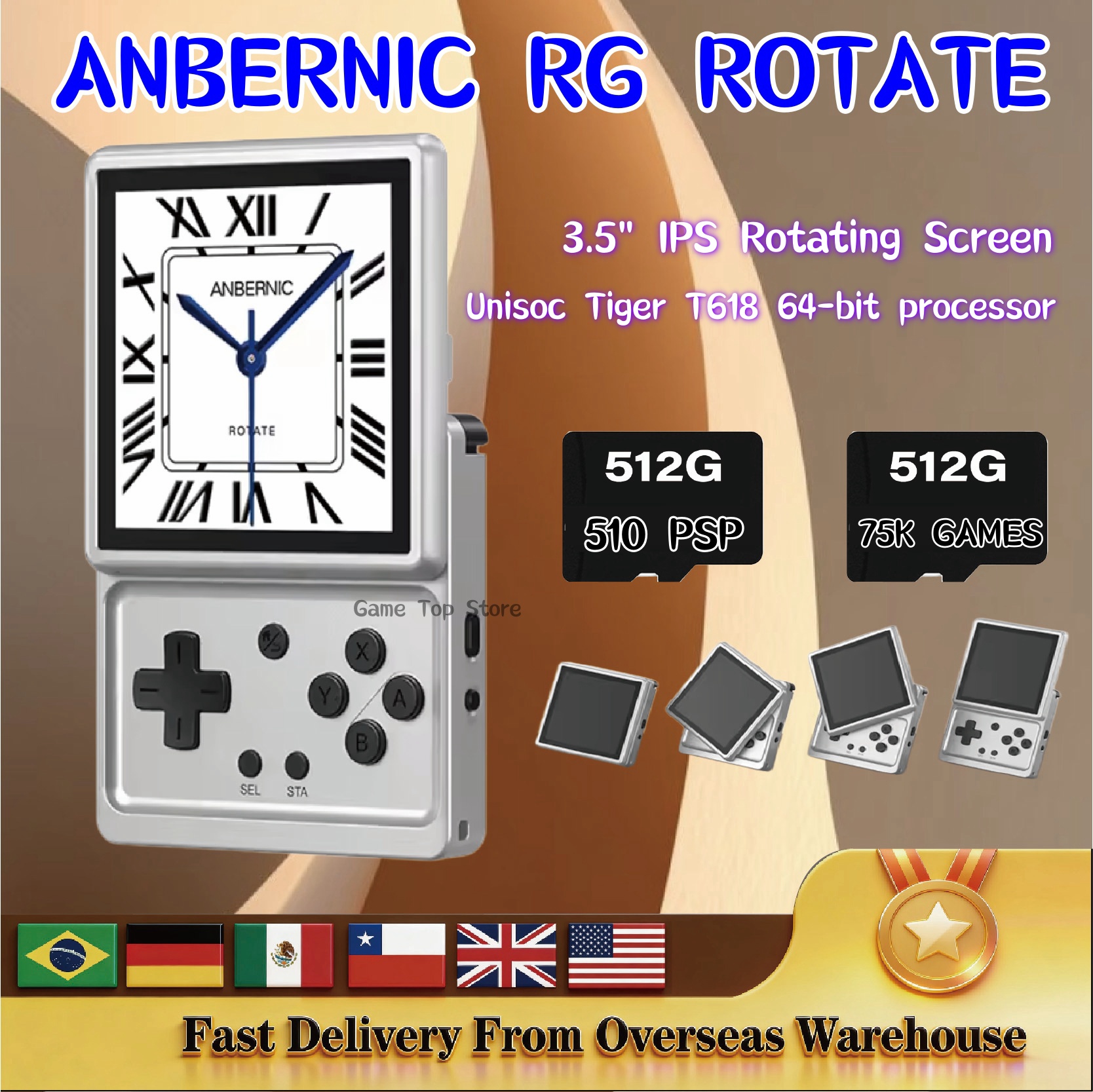 Anbernic RG Rotate Retro Console Portatile per Videogiochi, Schermo IPS Rotante da 3.5 Pollici, Android, Lega di Alluminio, 2000 mAh, AI