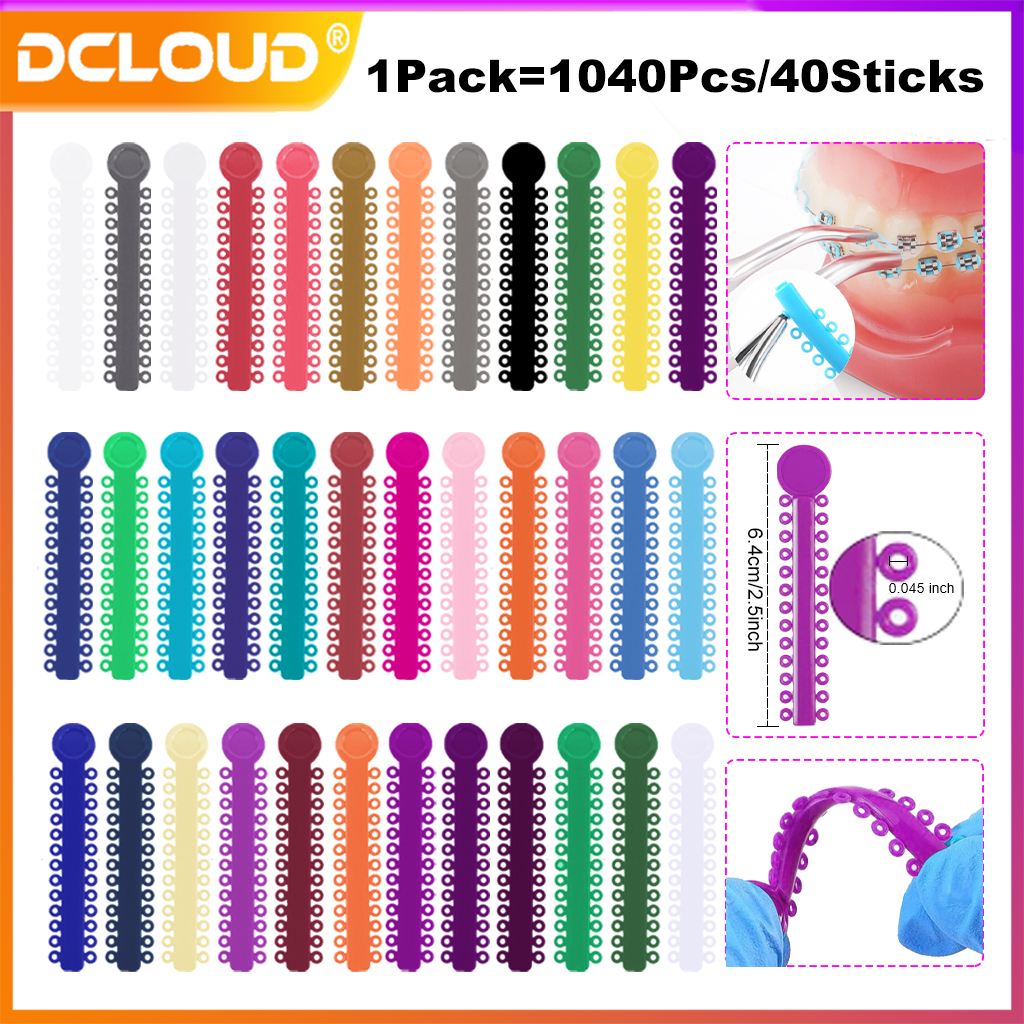 1040Pcs / 40Sticks Ortodoncia dental Lazos de ligadura elástica Bandas coloridas para soportes de odontología Frenos Materiales de tratamiento ortopédico