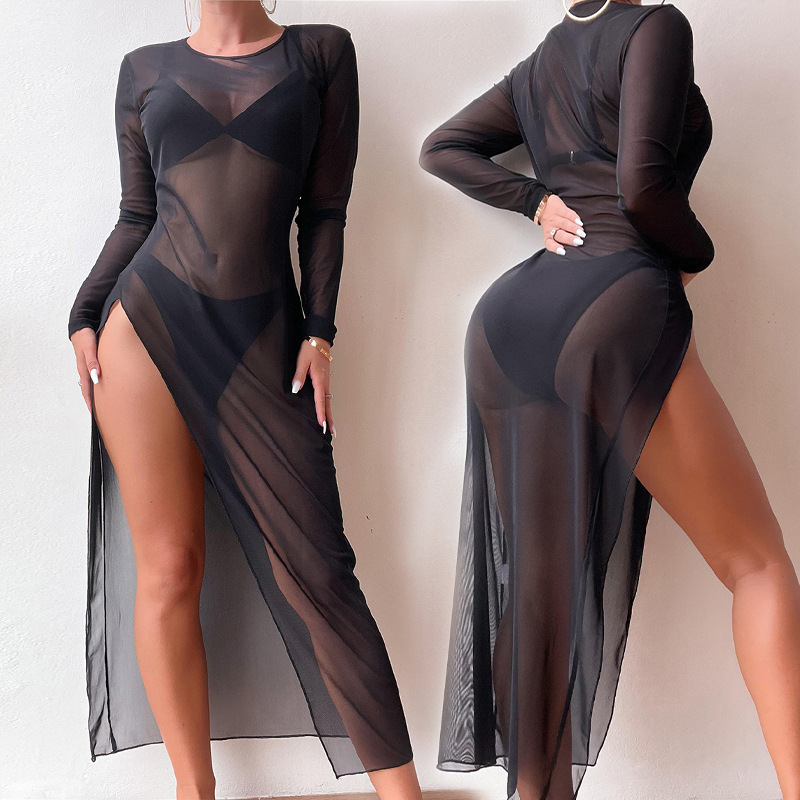 BKLD 2026 Strand-Vertuschungen für Frauen, sexy Rundhalsausschnitt, Urlaubs-Outfits, Netzkleid, schwarze Perspektive, langärmeliges, figurbetontes Kleid