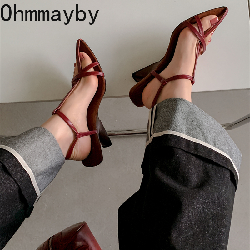 Sandal Wanita Hak Pita Sempit Musim Panas Sandal Wanita Pesta Stripper Pompa Singbacks Ujung Lancip Mode