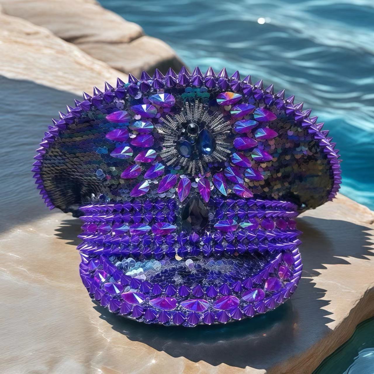 HongLuan Roxo Bling Capitão Chapéu Strass para Mulher |   Boné militar Steampunk para acessórios de festivais de música Burning Man
