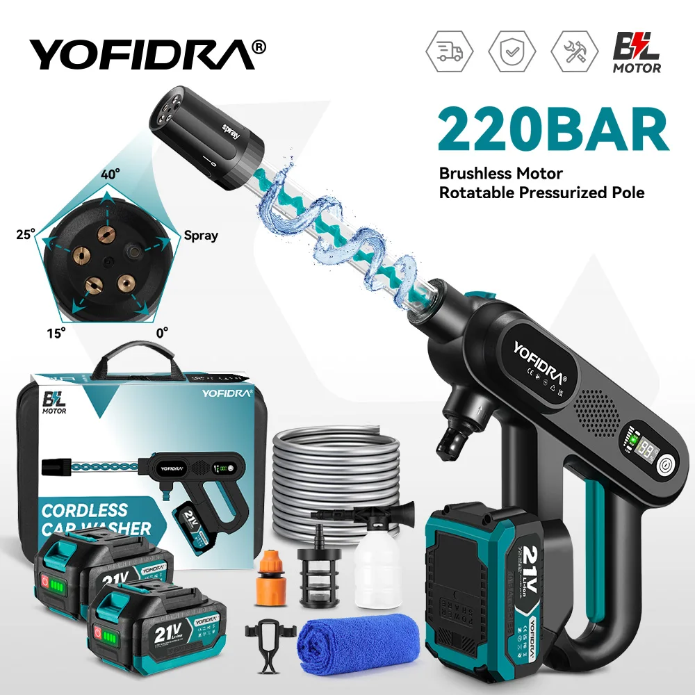 YOFIDRA Bürstenlose Hochdruck-Autowaschpistole, 3 Gänge, elektrische Waschwasser-Waschspritzpistole, passend für Makita 18 V Batterie-Pin