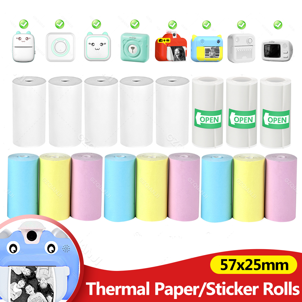 Mini impresora blanca de bolsillo, pegatina de papel térmico, cámara para niños, impresión instantánea, reemplazo de papel de impresión para cámara de niños, 6/10 rollos