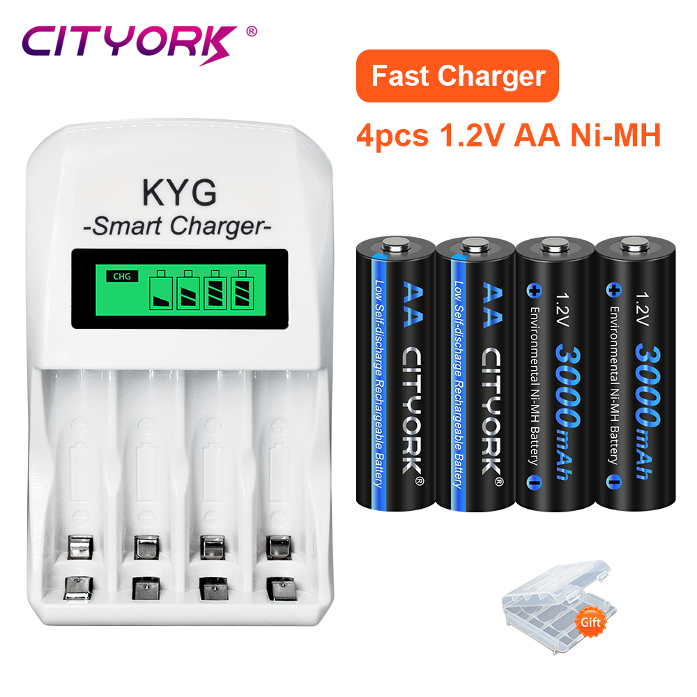CITYORK 1.2V AA แบตเตอรี่แบบชาร์จไฟได้ LR06 AA เซลล์ 3000mAh Ni-MH AA แบตเตอรี่แบบชาร์จไฟได้พร้อมเครื่องชาร์จแบตเตอรี่ + แบตเตอรี่ AA/AAA