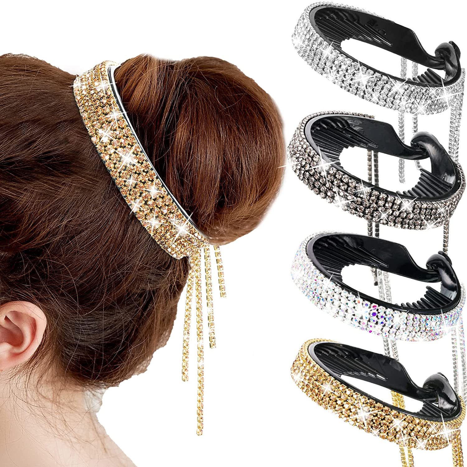 Artigli per capelli da donna eleganti e di lusso con strass, nappa di cristallo, coda di cavallo, accessori per capelli per la festa di nozze
