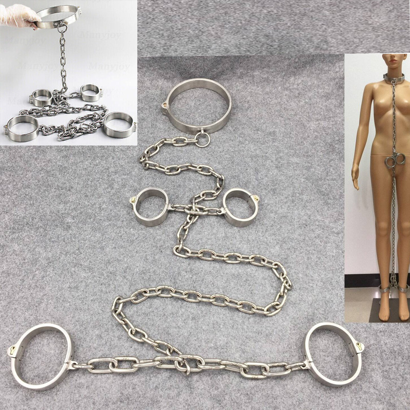 Restrizioni in acciaio inossidabile polsini per mani/caviglie collare per collo con catena Bondage bloccabile BDSM Reatraint giocattoli del sesso per donna uomo