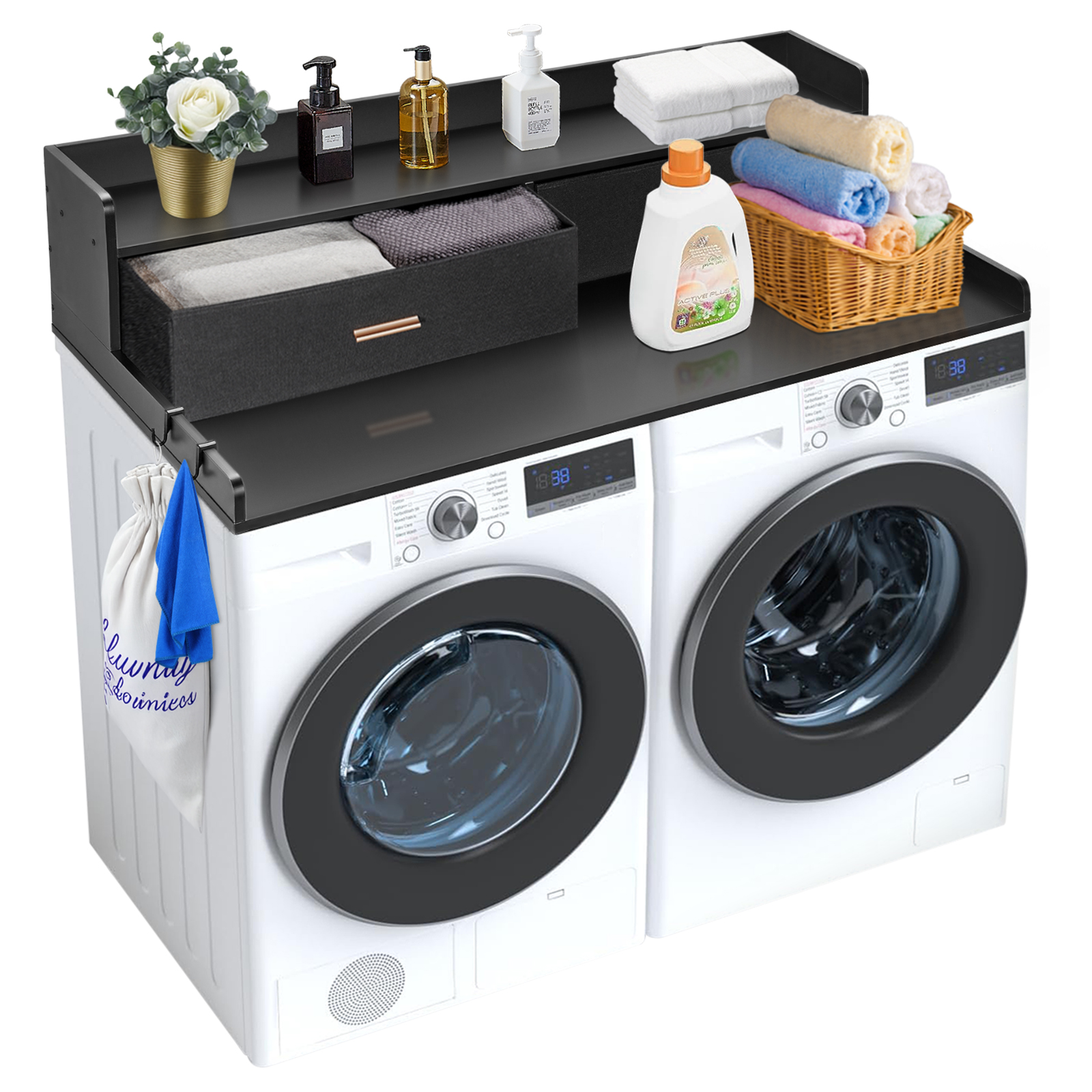 VEVOR Comptoir pour lave-linge et sèche-linge à 2 tiroirs avec étagère à 2 niveaux, surface de comptoir en bois, avec coussinets antidérapants, pour organisation et rangement de la buanderie, noir