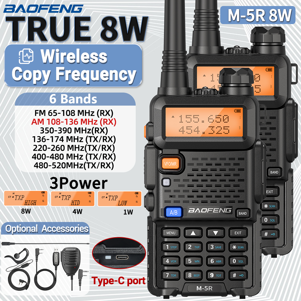 Baofeng-walkie-talkie piezas de largo alcance, 2 M-5R, alta potencia, copia de frecuencia inalámbrica, cargador tipo C, conmutador, UV-5R de Radio Amateur