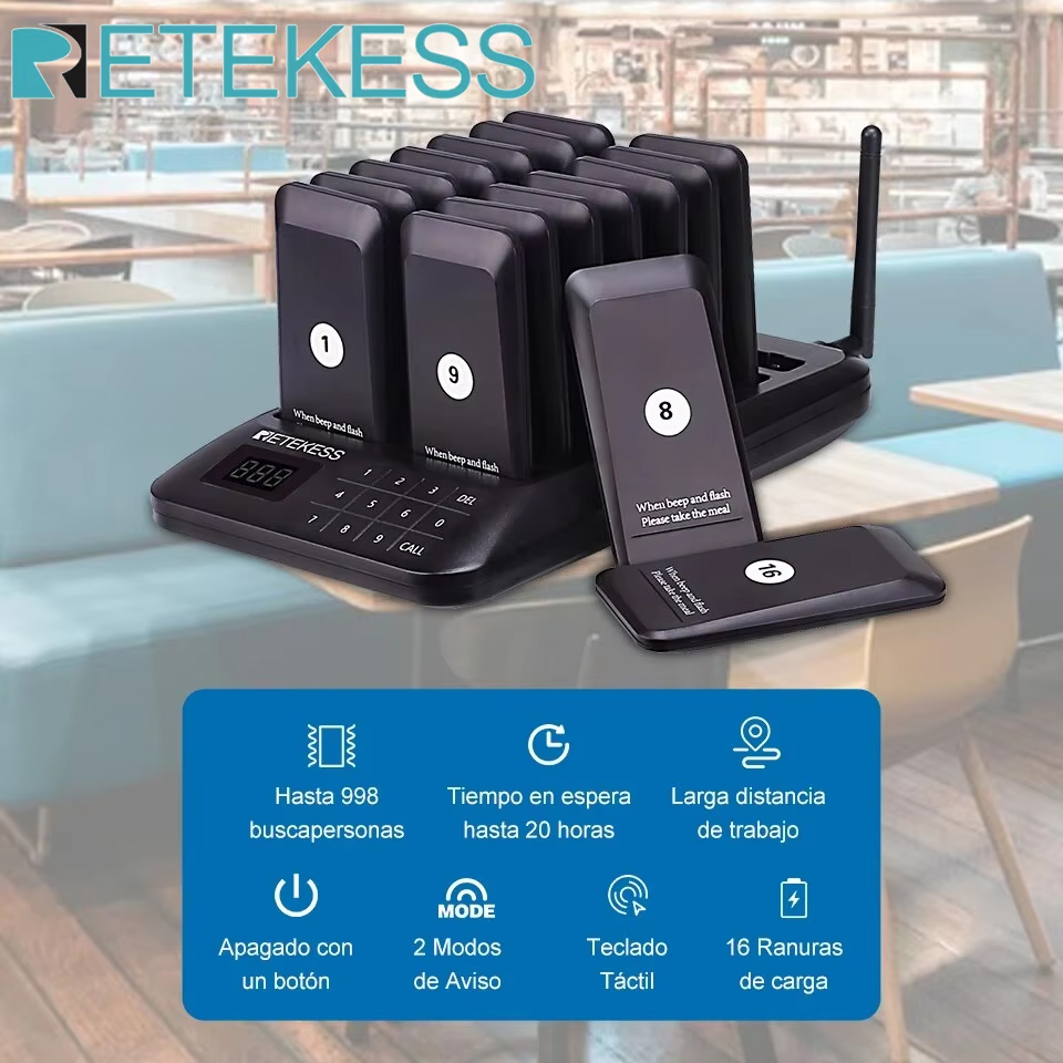 RETEKESS TD157 Pager, kabelloses Anrufsystem, 16 Untersetzer, Summer, Beeper, Glockenempfänger für Bar, Café, Imbisswagen, Hotel, Kirche