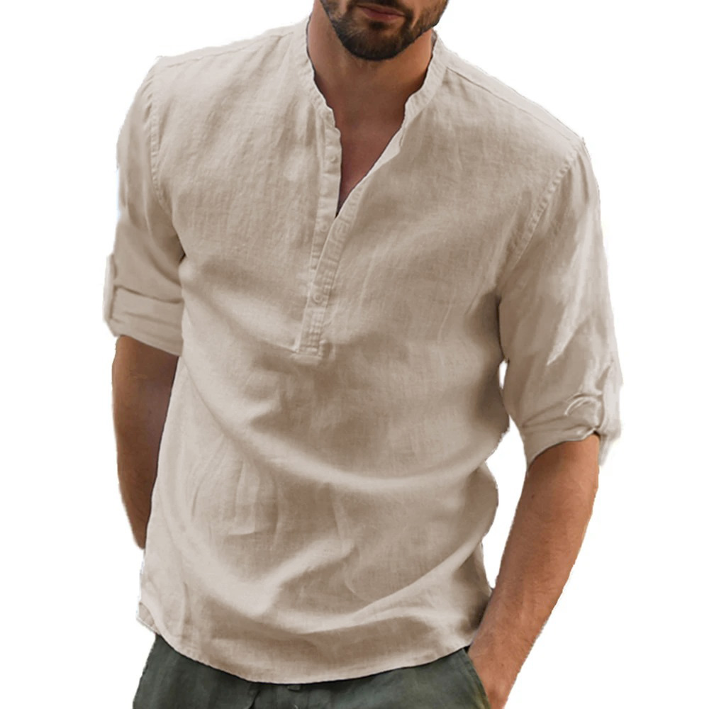 Chemise en coton et lin pour hommes, coupe ample, décontractée, manches longues, élégante, respirante, couleur unie, col Henley, nouvelle collection automne