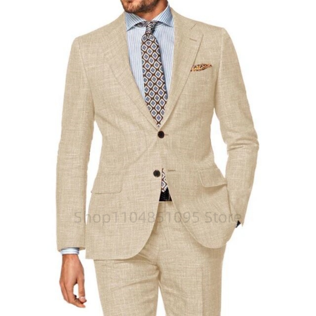 Ternos Masculinos de Linho 2 Peças Bege/Azul com Lapela Entalhada e Dois Botões, Calças Slim Fit, Conjuntos de Smoking para Noivos, Traje para Festa de Casamento