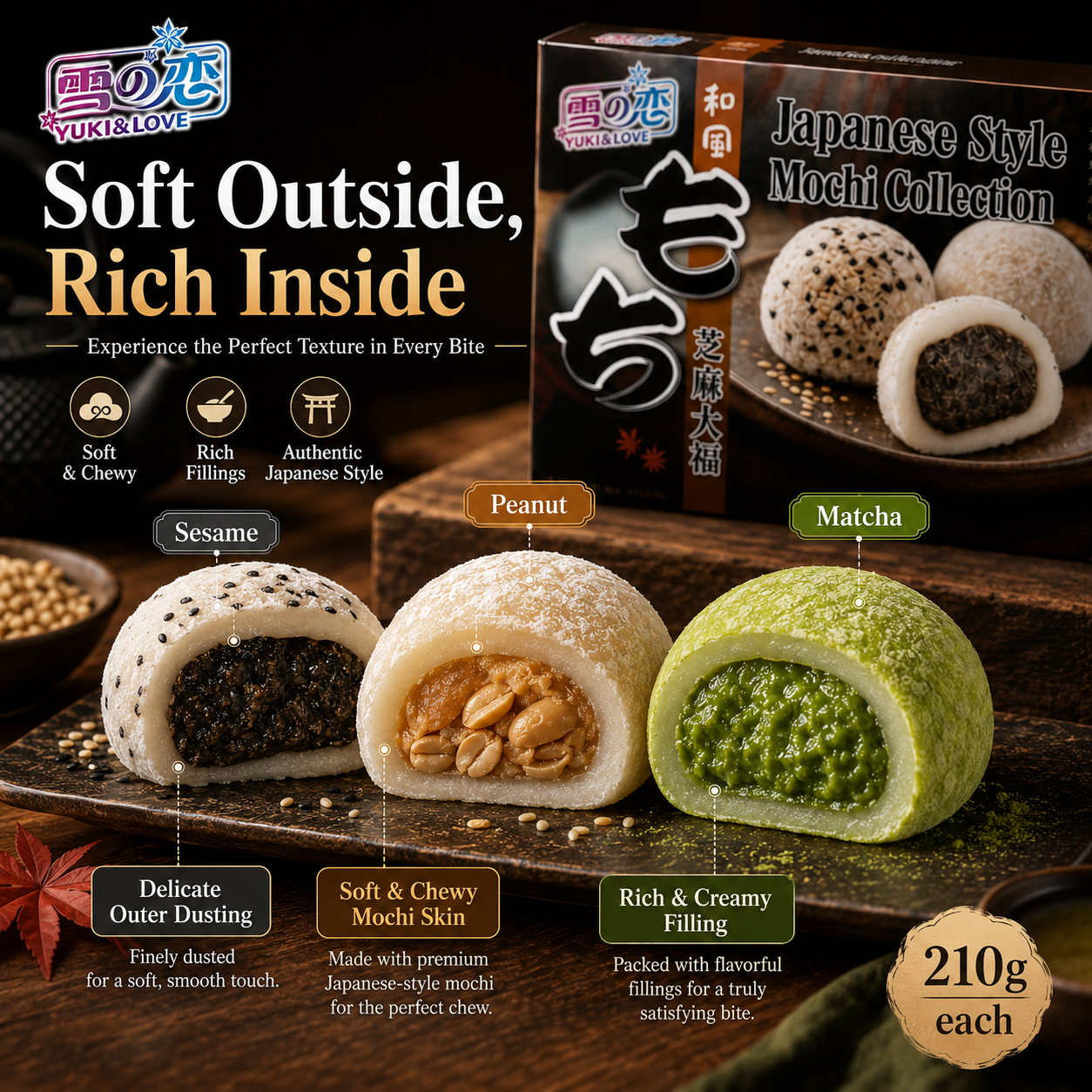 Sesam-Daifuku-Mochi, Weicher Klebreis-Snack Gefüllt mit Gerösteter Sesampaste, Verzehrfertige Dessertbox 210g