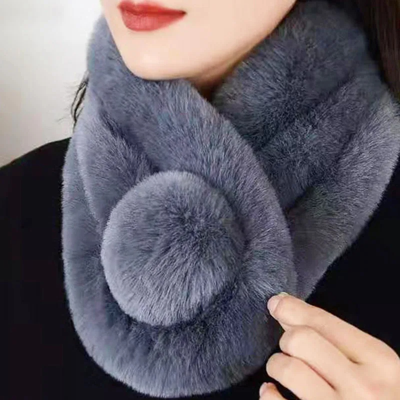 Bufanda de piel de conejo para otoño e invierno, bufanda gruesa de felpa con cuello cruzado para mujer, bufandas peludas informales para mujer para exteriores