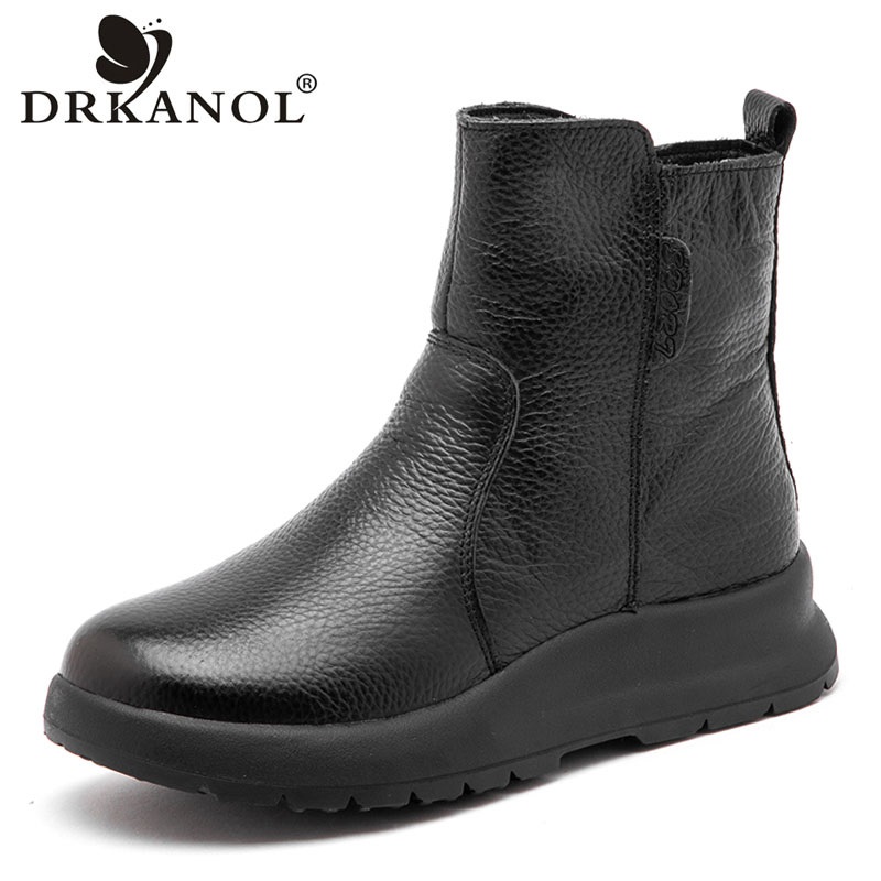 DRKANOL Stivali da neve caldi invernali da donna Fondo spesso Punta tonda Cerniera Stivaletti con plateau in vera pelle Shearling in pelliccia di lana Lady