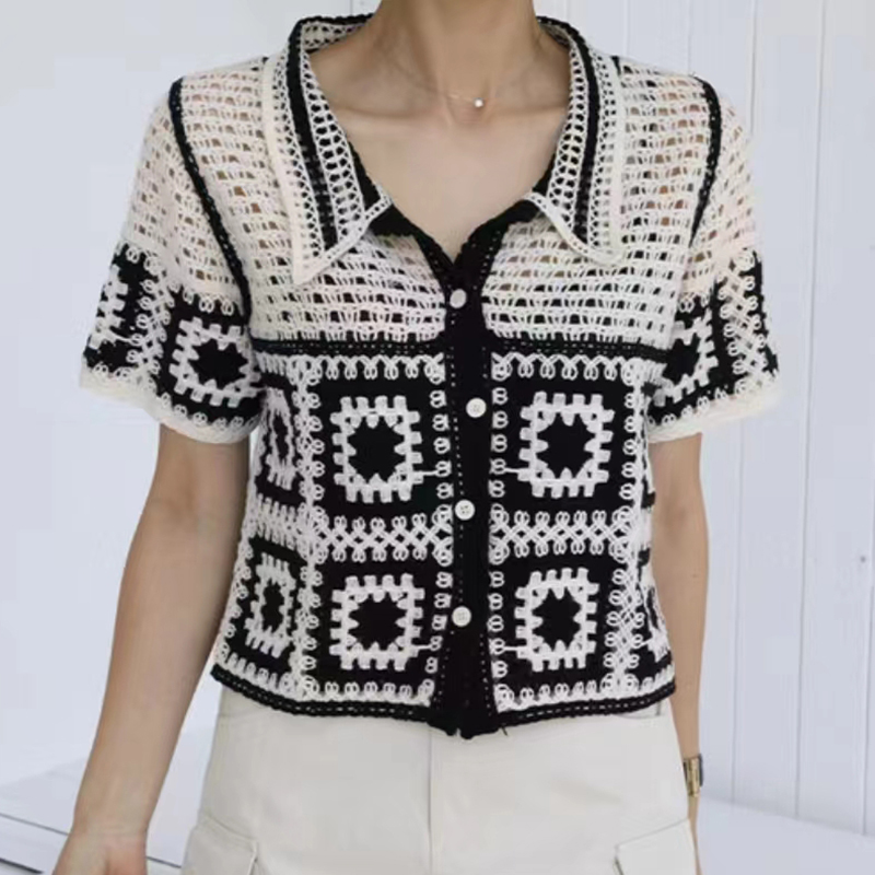 Oma Vierkant Gehaakt Shirt voor Dames Korte Mouw Met Kraag Button-up Open Stitch Gebreide Crop Top Boho Festival Zomer 2026