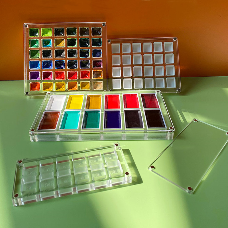 Trống Acrylic Hộp Màu Nước Bảng Lưới 24/36 Di Động Sơn Khay Chống Bụi Trong Suốt Từ Tính Hộp Nghệ Thuật Tiếp Liệu